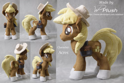 Size: 1307x871 | Tagged: safe, artist:wdeleon, derpibooru import, oc, oc:acres, earth pony, pony, bag, coat markings, commission, cowboy hat, hat, irl, photo, plushie, saddle bag, socks (coat marking), solo, standing