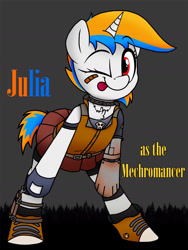 Size: 750x997 | Tagged: artist needed, safe, derpibooru import, oc, oc:julia minx, unicorn, bandaid, blue mane, borderlands, clothes, cute, leaning, leaning forward, looking at you, mechromancer, one eye closed, orange mane, red eyes, robotic arm, short tail, skirt, solo, tail, tongue, tongue out, white coat, wink