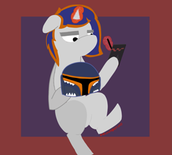 Size: 1667x1500 | Tagged: safe, artist:minxtaperino, derpibooru import, oc, oc:julia minx, unicorn, blue mane, helmet, mandalorian, orange mane, phone, red eyes, solo, white coat