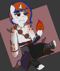 Size: 4167x4994 | Tagged: safe, artist:minxtaperino, derpibooru import, oc, oc:julia minx, demon, unicorn, bedroom eyes, blue mane, fire, orange mane, paladins: champions of the realm, red eyes, rope, solo, white coat