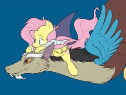 Size: 2000x1500 | Tagged: safe, artist:zombie, derpibooru import, discord, fluttershy, draconequus, pony, blue background, duo, flying, horn, lying down, on back, reference, reference to another series, riding, simple background, size difference, spirited away