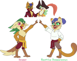 Size: 1280x1018 | Tagged: safe, artist:matttheenby, derpibooru import, capper dapperpaws, captain celaeno, oc, abyssinian, avian, caplaeno, female, interspecies offspring, male, offspring, parent:capper dapperpaws, parent:captain celaeno, shipping, simple background, straight, transparent background