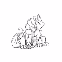 Size: 4000x4000 | Tagged: safe, artist:captainhoers, derpibooru import, oc, oc:ardent stream, oc:gráinne ó broin, griffon, kirin, hug, monochrome, sketch, snuggling, winghug, wings