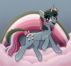 Size: 1948x1807 | Tagged: safe, artist:_alixxie_, derpibooru import, fizzy, pony, unicorn, g1, g4, bow, cloud, g1 to g4, generation leap, solo, tail, tail bow