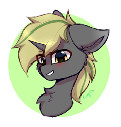 Size: 1527x1600 | Tagged: safe, artist:lunylin, derpibooru import, oc, oc only, pony, unicorn, blushing, cheek fluff, chest fluff, ears, eye clipping through hair, eyebrows, eyebrows visible through hair, floppy ears, grin, horn, looking at you, male, signature, smiling, smiling at you, solo, stallion