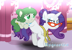 Size: 1280x891 | Tagged: safe, artist:hugsartist, derpibooru import, rarity, oc, oc:geode, dracony, hybrid, pony, unicorn, carousel boutique, female, filly, foal, glasses, holding, hug, interspecies offspring, leg hug, measuring tape, mother and child, mother and daughter, offspring, parent and child, parent:rarity, parent:spike, parents:sparity