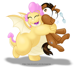 Size: 1600x1433 | Tagged: safe, artist:aleximusprime, derpibooru import, oc, oc only, oc:buttercream, oc:buttercream the dragon, oc:copper plume, dragon, pony, unicorn, bear hug, cheek squish, commission, commissioner:imperfectxiii, cute, cute little fangs, dragon oc, dragoness, duo, eye bulging, eyes closed, fangs, fat, female, glasses, horn, hug, male, open mouth, simple background, spread wings, squeezing, squishy cheeks, stallion, standing, standing on one leg, transparent background, unicorn oc, wings