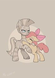 Size: 2480x3508 | Tagged: safe, artist:yunlongchen, derpibooru import, apple bloom, zecora, earth pony, pony, zebra, apple bloom's bow, bow, butt, dock, eyes closed, female, filly, foal, hair bow, hug, mare, plot, tail