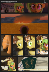 Size: 2565x3720 | Tagged: safe, artist:ponynamedmixtape, derpibooru import, wild fire, oc, oc:amber grain, oc:warm winds, earth pony, comic:vrees die gouldveld, afrikaans, backstory, car, dialogue, duo, english, equestria, equestrian federation, farm, father and child, father and daughter, female, filly, fire, foal, house, letter, lore, male, parent and child, passport, radio, south zebrica, stallion, text, zebrica