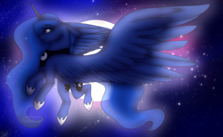 Size: 1300x800 | Tagged: safe, artist:rainfall-wonder, derpibooru import, princess luna, alicorn, pony, backlit, ethereal mane, ethereal tail, female, flying, full moon, mare, moon, night, sky, solo, spread wings, stars, tail, wings