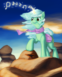 Size: 3000x3746 | Tagged: safe, artist:terrafomer, derpibooru import, lyra heartstrings, pony, unicorn, clothes, female, glowing, glowing horn, horn, magic, mare, music notes, rock, scarf, smiling, solo, windswept mane