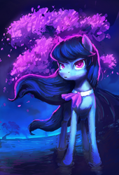 Size: 3000x4400 | Tagged: safe, artist:terrafomer, derpibooru import, octavia melody, earth pony, pony, cherry blossoms, female, flower, flower blossom, limited palette, mare, puddle, solo, tree, water, windswept mane