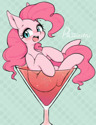 Size: 2472x3200 | Tagged: safe, artist:91o42, derpibooru import, pinkie pie, earth pony, pony, abstract background, blushing, cup, cup of pony, cute, diapinkes, drink, female, high res, mare, micro, open mouth, smiling, solo
