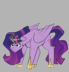 Size: 746x768 | Tagged: safe, artist:smirk, derpibooru import, twilight sparkle, twilight sparkle (alicorn), alicorn, pony, angry, crown, ears back, flowing mane, glare, gray background, jewelry, regalia, simple background, solo