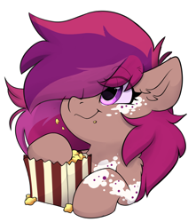 Size: 3348x3792 | Tagged: safe, artist:rileyisherehide, derpibooru import, oc, oc only, oc:asteroid trail, pegasus, pony, series:munching popcorn, cute, eating, emoji, female, food, happy, hooves, mare, pegasus oc, popcorn, simple background, smiling, solo, transparent background, watching