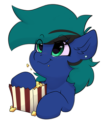 Size: 3127x3763 | Tagged: safe, artist:rileyisherehide, derpibooru import, oc, oc only, oc:ender, pegasus, pony, series:munching popcorn, cute, ear piercing, earring, eating, emoji, food, happy, hooves, jewelry, male, pegasus oc, piercing, popcorn, simple background, smiling, solo, stallion, transparent background, watching