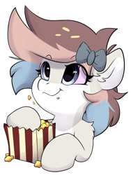 Size: 2942x3915 | Tagged: safe, artist:rileyisherehide, derpibooru import, oc, oc only, oc:hazelnut frost, pegasus, pony, series:munching popcorn, bow, bowtie, cute, eating, emoji, female, food, hair bow, happy, hooves, mare, pegasus oc, popcorn, simple background, smiling, solo, transparent background, watching