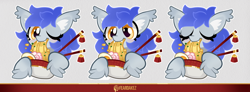 Size: 2124x784 | Tagged: safe, artist:kez, derpibooru import, oc, oc only, oc:gabriel, pony, bowl, chopsticks, eating, eyes closed, eyes open, food, noodles, one eye closed, ramen, solo