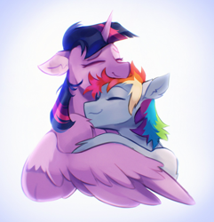 Size: 1974x2048 | Tagged: safe, artist:draw3, derpibooru import, rainbow dash, twilight sparkle, twilight sparkle (alicorn), alicorn, pegasus, pony, bust, comfy, cute, dashabetes, ear fluff, ears, eyes closed, female, floppy ears, gradient background, hug, lesbian, mare, messy mane, shipping, shoulder fluff, simple background, smiling, twiabetes, twidash, white background, winghug, wings