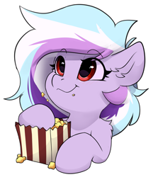 Size: 3199x3701 | Tagged: safe, artist:rileyisherehide, derpibooru import, oc, oc only, oc:new dawn, hybrid, pegasus, pony, series:munching popcorn, cute, eating, emoji, female, food, happy, hooves, mare, pegasus oc, popcorn, simple background, smiling, solo, transparent background, watching