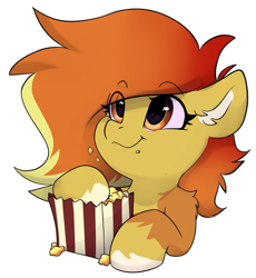 Size: 3481x3787 | Tagged: safe, artist:rileyisherehide, derpibooru import, oc, oc only, oc:solstarra flare, earth pony, pony, series:munching popcorn, cute, earth pony oc, eating, emoji, female, food, happy, hooves, mare, popcorn, simple background, smiling, solo, transparent background, watching