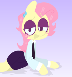 Size: 1396x1490 | Tagged: safe, artist:sundzy, derpibooru import, fluttershy, anthro, pegasus, blushing, clothes, female, looking at you, open mouth, open smile, simple background, skirt, smiling, smiling at you, solo, sultry pose