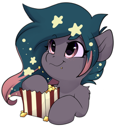 Size: 3407x3678 | Tagged: safe, artist:rileyisherehide, derpibooru import, oc, oc only, oc:star universe, pegasus, pony, series:munching popcorn, cute, eating, emoji, ethereal mane, female, food, happy, hooves, mare, pegasus oc, popcorn, simple background, smiling, solo, starry mane, stars, transparent background, watching