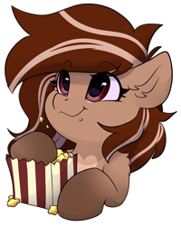 Size: 2953x3691 | Tagged: safe, artist:rileyisherehide, derpibooru import, oc, oc only, oc:veruma swirl, bat pony, hybrid, pony, series:munching popcorn, bat pony oc, cute, eating, emoji, female, food, happy, hooves, mare, popcorn, simple background, smiling, solo, transparent background, watching