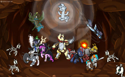 Size: 1136x704 | Tagged: safe, artist:redpalette, derpibooru import, oc, oc:shade flash, oc:snowy charm, oc:violet ray, earth pony, pegasus, skeleton pony, snake, unicorn, archer, armor, arrow, bone, cave, commission, cute, dungeons and dragons, earth pony oc, elements, fantasy, female, filly, fire, foal, hammer, hind legs, horn, lightning, mage, magic, male, mare, pegasus oc, pen and paper rpg, roleplaying, rpg, shield, skeleton, sparkle, spell book, stallion, sword, unicorn oc, unshorn fetlocks, warlock, weapon, wizard