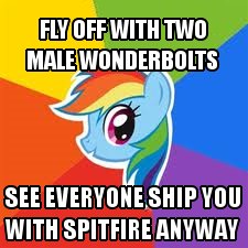 Size: 225x225 | Tagged: safe, derpibooru import, rainbow dash, pegasus, pony, sonic rainboom (episode), artifact, caption, image macro, impact font, implied lesbian, implied shipping, implied soarin', implied spitdash, implied spitfire, implied wave chill, meme, needs more jpeg, text