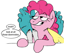 Size: 1280x1046 | Tagged: artist needed, source needed, safe, derpibooru import, pinkie pie, downvote bait, feet, fruit by the foot, several feet, simple background, transparent background, trolling