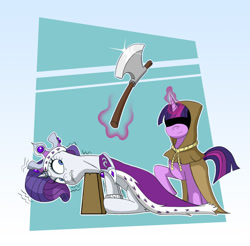 Size: 1376x1356 | Tagged: artist needed, safe, derpibooru import, clover the clever, princess platinum, rarity, twilight sparkle, pony, unicorn, axe, chopping block, crown, execution, female, horn, horn ring, imminent death, imminent decapitation, jewelry, levitation, magic, mare, regalia, regicide, ring, royalty, telekinesis, weapon