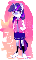 Size: 600x1000 | Tagged: safe, artist:milarvozmido, derpibooru import, twilight sparkle, anthro, unicorn, clothes, female, hand in pocket, heart, horn, letterman jacket, looking at you, simple background, skirt, white background