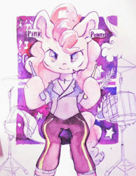 Size: 656x847 | Tagged: safe, artist:milarvozmido, derpibooru import, pinkie pie, earth pony, pony, bipedal, clothes, drums, drumsticks, female, hoof hold, looking at you, mare, musical instrument, simple background, solo, traditional art, watercolor painting, white background