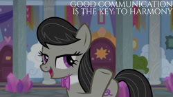 Size: 1280x720 | Tagged: safe, derpibooru import, edit, edited screencap, editor:quoterific, screencap, octavia melody, earth pony, pony, a horse shoe-in, season 9, spoiler:s09, female, mare, open mouth, open smile, school of friendship, smiling, solo, text