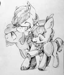 Size: 2254x2661 | Tagged: safe, artist:milarvozmido, derpibooru import, earth pony, female, glasses, looking at someone, male, mare, monochrome, raised hoof, raised leg, stallion, traditional art, trio