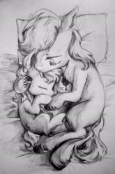 Size: 1991x3013 | Tagged: safe, artist:milarvozmido, derpibooru import, earth pony, bed, duo, eyes closed, female, lidded eyes, looking at someone, male, mare, monochrome, pillow, sleeping, stallion, traditional art