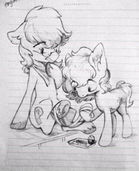 Size: 2210x2713 | Tagged: safe, artist:milarvozmido, derpibooru import, earth pony, bandage, duo, female, glasses, lined paper, male, mare, monochrome, mouth hold, raised hoof, raised leg, scissors, stallion, traditional art