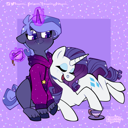 Size: 2048x2048 | Tagged: safe, artist:3ggmilky, derpibooru import, rarity, oc, pony, unicorn, canon x oc, clothes, cup, female, high res, hoodie, male, mare, shipping, straight, teacup, unshorn fetlocks