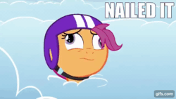 Size: 640x360 | Tagged: safe, derpibooru import, edit, edited screencap, editor:quoterific, screencap, scootaloo, pegasus, pony, parental glideance, season 7, animated, derp, female, filly, foal, gif, gifs.com, helmet, nailed it, open mouth, open smile, smiling, solo, text