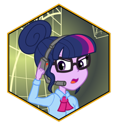 Size: 2542x2721 | Tagged: safe, artist:kromah, derpibooru import, sci-twi, twilight sparkle, equestria girls, crossover, danger, darkness, deep rock galactic, glasses, headphones, headset, icon, microphone, mission control, open mouth