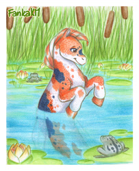 Size: 1280x1577 | Tagged: safe, artist:fankakm, derpibooru import, oc, oc only, frog, hybrid, seapony (g4), fin wings, fins, flower, koi pony, male, orange mane, red eyes, reeds, signature, smiling, solo, traditional art, water, wings