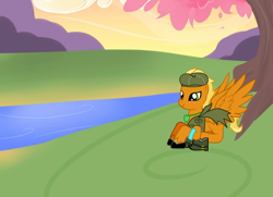 Size: 900x650 | Tagged: safe, artist:polishfox2019, derpibooru import, oc, pegasus, pony, pony creator, blonde, blonde hair, blonde tail, boots, clothes, gloves, grass, hat, male, orange fur, resting, river, shoes, smiling, soldier, stallion, tail, tree, water, wings