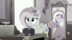 Size: 1920x1080 | Tagged: safe, derpibooru import, screencap, kerfuffle, rarity, pegasus, pony, unicorn, rainbow roadtrip, desaturated, female, mare, mirror, reflection