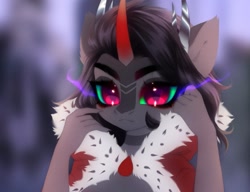 Size: 1177x902 | Tagged: safe, artist:shenki, derpibooru import, king sombra, anthro, unicorn, blurry background, bust, cape, clothes, crown, ear fluff, ears, eyelashes, jewelry, looking at you, portrait, regalia, solo, sombra eyes, sombra's cape