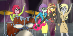 Size: 1280x630 | Tagged: safe, artist:rdj1995, derpibooru import, blueberry pie, derpy hooves, raspberry fluff, sunset shimmer, equestria girls, concert, drums, electric guitar, guitar, microphone, musical instrument, the muffins