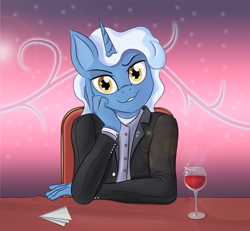 Size: 1158x1069 | Tagged: safe, artist:zorgycuddles, derpibooru import, pokey pierce, anthro, unicorn, alcohol, clothes, date, dinner, evil grin, eyebrows, glass, grin, horn, looking at you, male, sitting, smiling, smiling at you, solo, suit, wine, wine glass