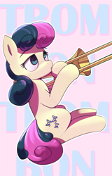 Size: 1533x2400 | Tagged: safe, artist:vultraz, derpibooru import, bon bon, sweetie drops, earth pony, pony, abstract background, bonpun, dexterous hooves, female, hoof hold, mare, musical instrument, pun, sitting, solo, trombone