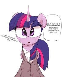 Size: 2910x3580 | Tagged: safe, artist:vultraz, derpibooru import, twilight sparkle, twilight sparkle (alicorn), alicorn, pony, clothes, dialogue, female, frown, looking at you, open mouth, simple background, solo, speech bubble, suit, talking, talking to viewer, text, white background