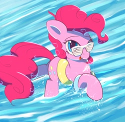 Size: 3078x3000 | Tagged: safe, artist:vultraz, derpibooru import, pinkie pie, earth pony, pony, cute, diapinkes, female, glasses, inflatable, mare, open mouth, raised hoof, raised leg, solo, swimming, water